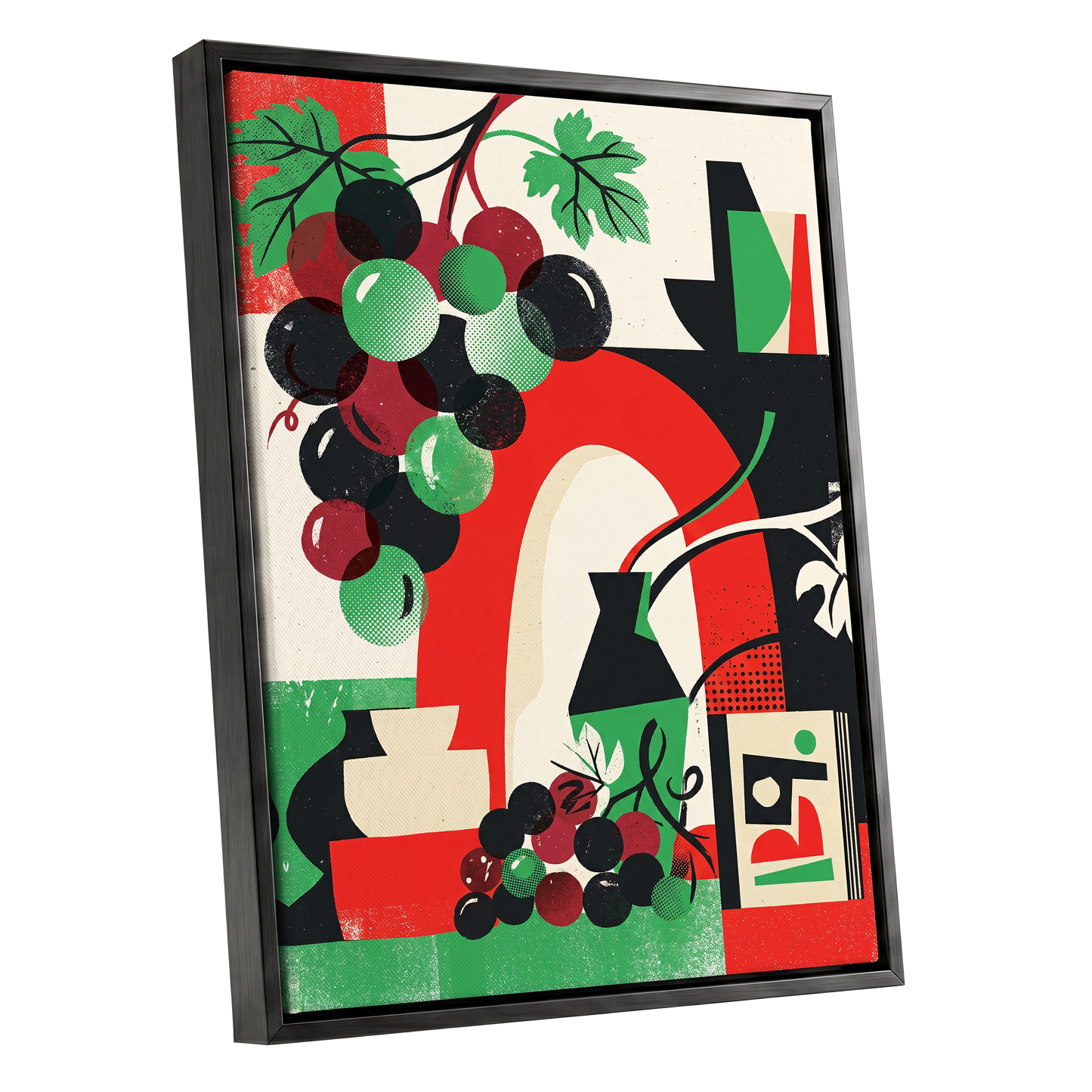 Grapes Beneath the Arch, black, green, red nature wall art shown as a black framed canvas wall art