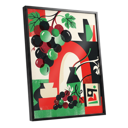 Grapes Beneath the Arch, black, green, red nature wall art shown as a black framed poster wall art print
