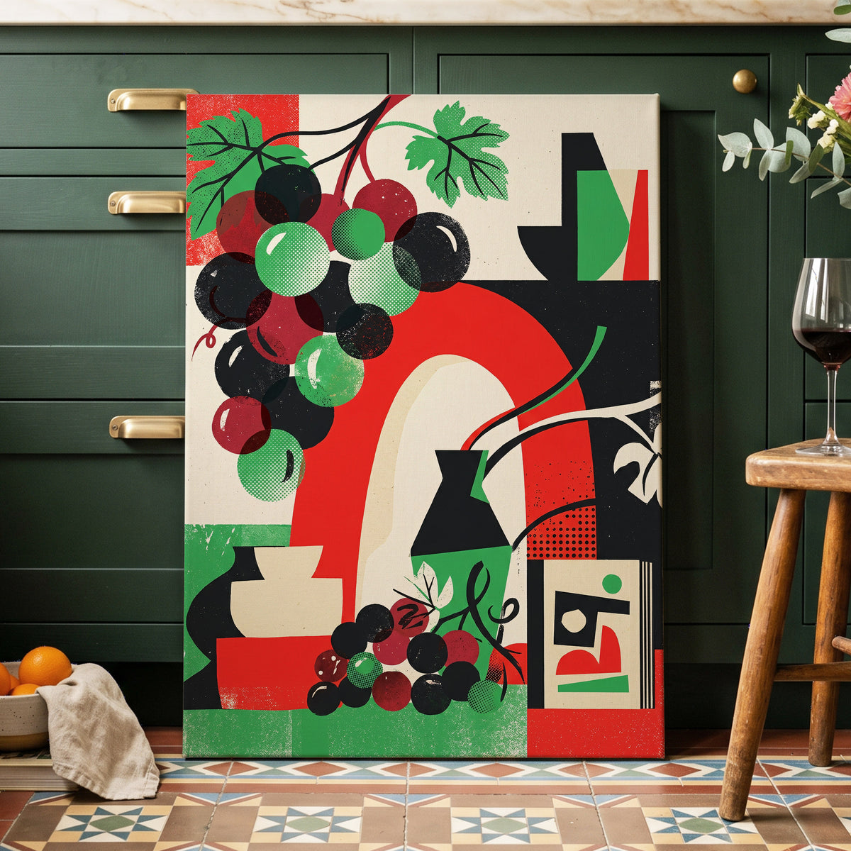 Grapes Beneath the Arch, black, green, red nature wall art on canvas displayed in a styled interior, gallery view 1