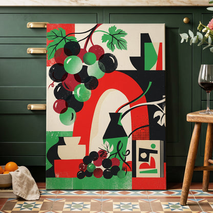 Grapes Beneath the Arch, black, green, red nature wall art on canvas displayed in a styled interior, gallery view 1