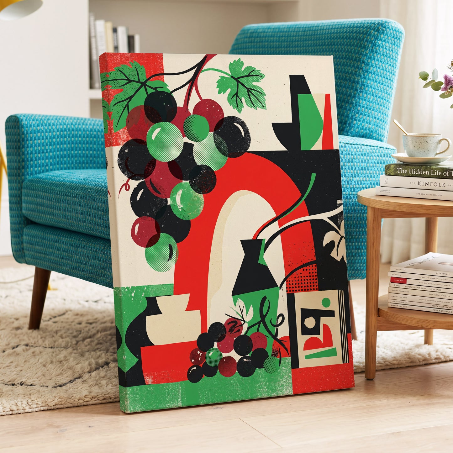 Grapes Beneath the Arch, black, green, red nature wall art on canvas displayed in a styled interior, gallery view 2