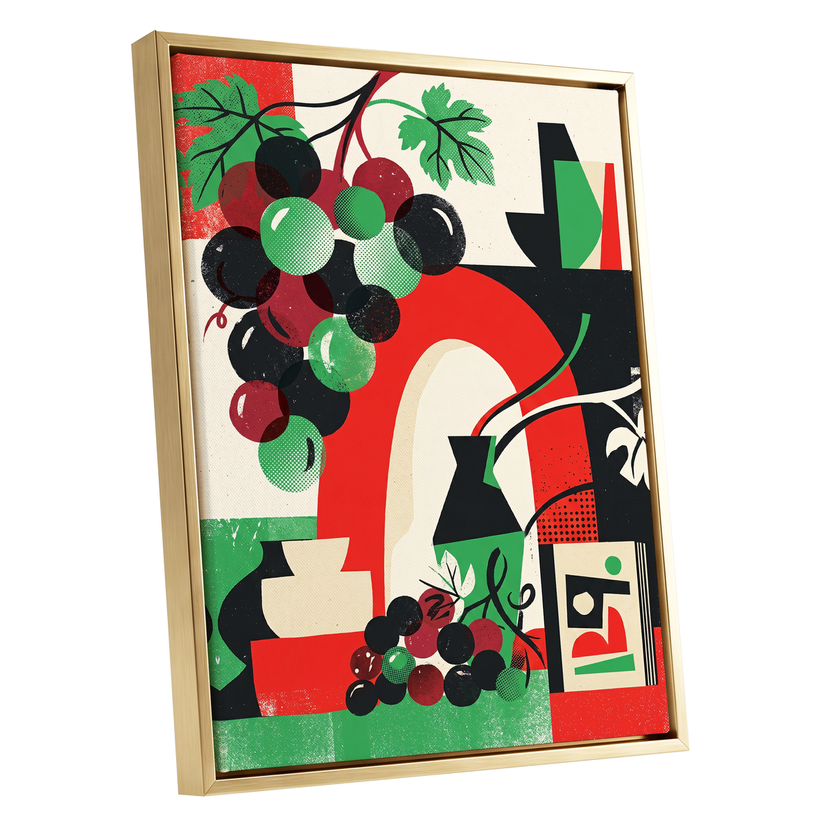 Grapes Beneath the Arch, black, green, red nature wall art shown as a gold framed canvas wall art