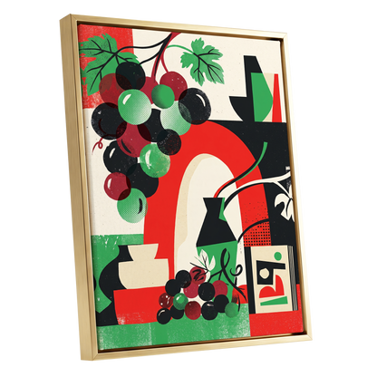 Grapes Beneath the Arch, black, green, red nature wall art shown as a gold framed canvas wall art