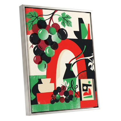 Grapes Beneath the Arch, black, green, red nature wall art shown as a silver framed canvas wall art