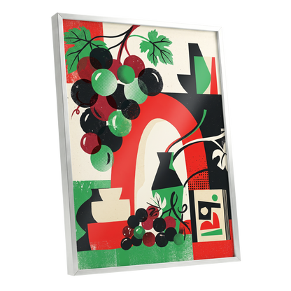 Grapes Beneath the Arch, black, green, red nature wall art shown as a silver framed poster wall art print