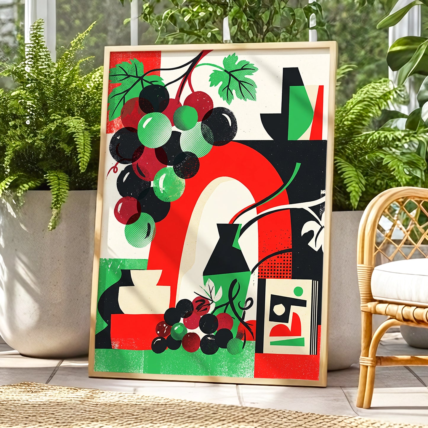 Grapes Beneath the Arch, black, green, red nature wall art displayed in a styled interior, gallery view 1