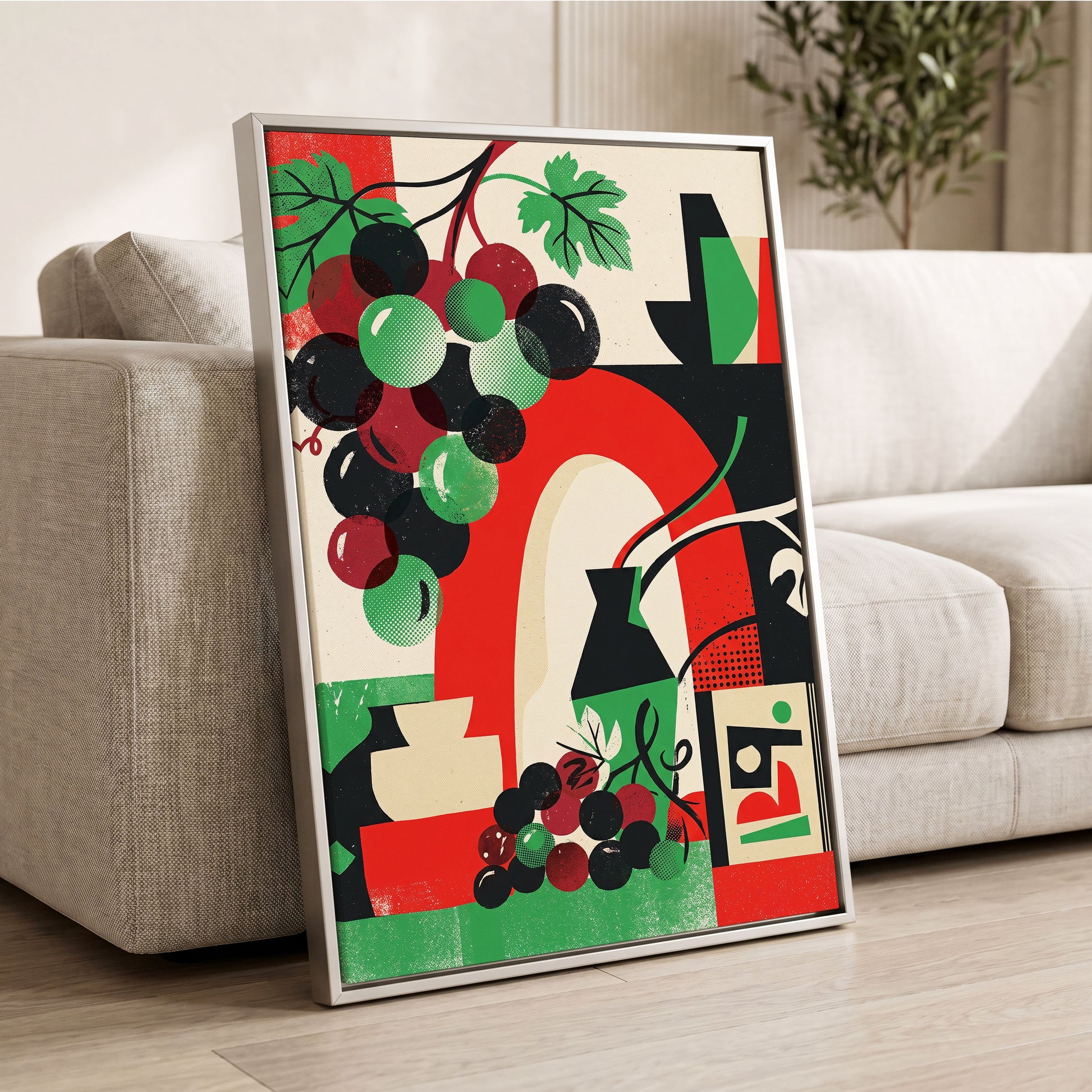 Grapes Beneath the Arch, black, green, red nature wall art displayed in a styled interior, gallery view 2