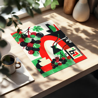 Grapes Beneath the Arch, black, green, red nature wall art displayed in a styled interior, gallery view 3
