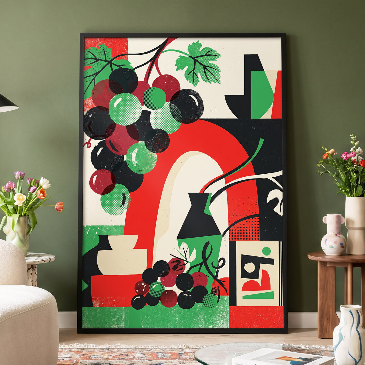 Grapes Beneath the Arch, black, green, red nature wall art displayed in a styled interior, gallery view 4