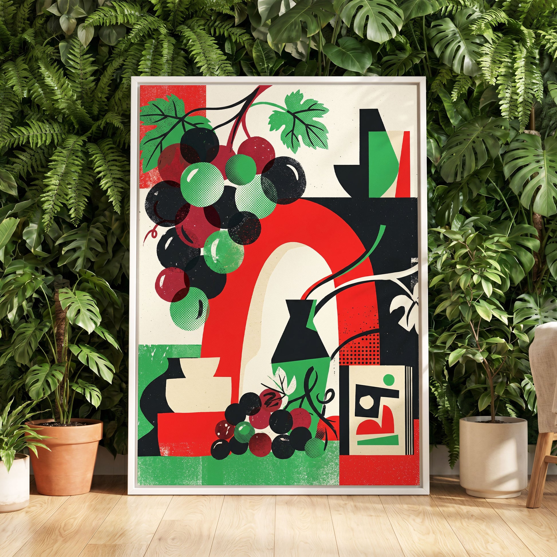 Grapes Beneath the Arch, black, green, red nature wall art displayed in a styled interior, gallery view 5