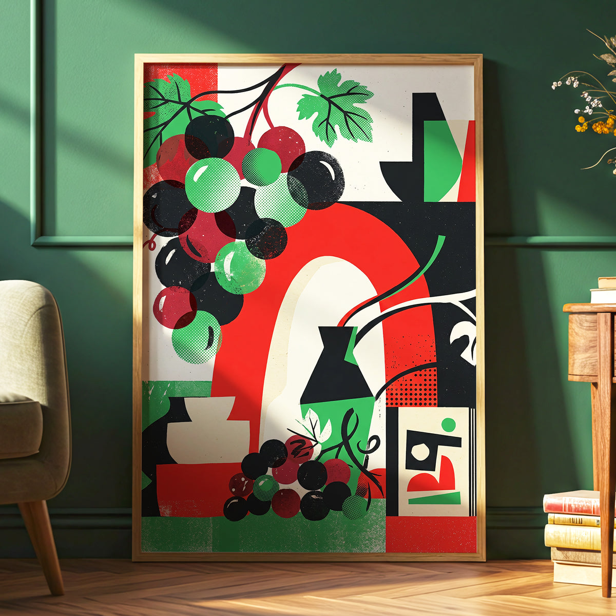 Grapes Beneath the Arch, black, green, red nature wall art displayed in a styled interior, gallery view 6