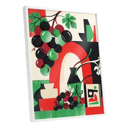 Grapes Beneath the Arch, black, green, red nature wall art shown as a white framed poster wall art print