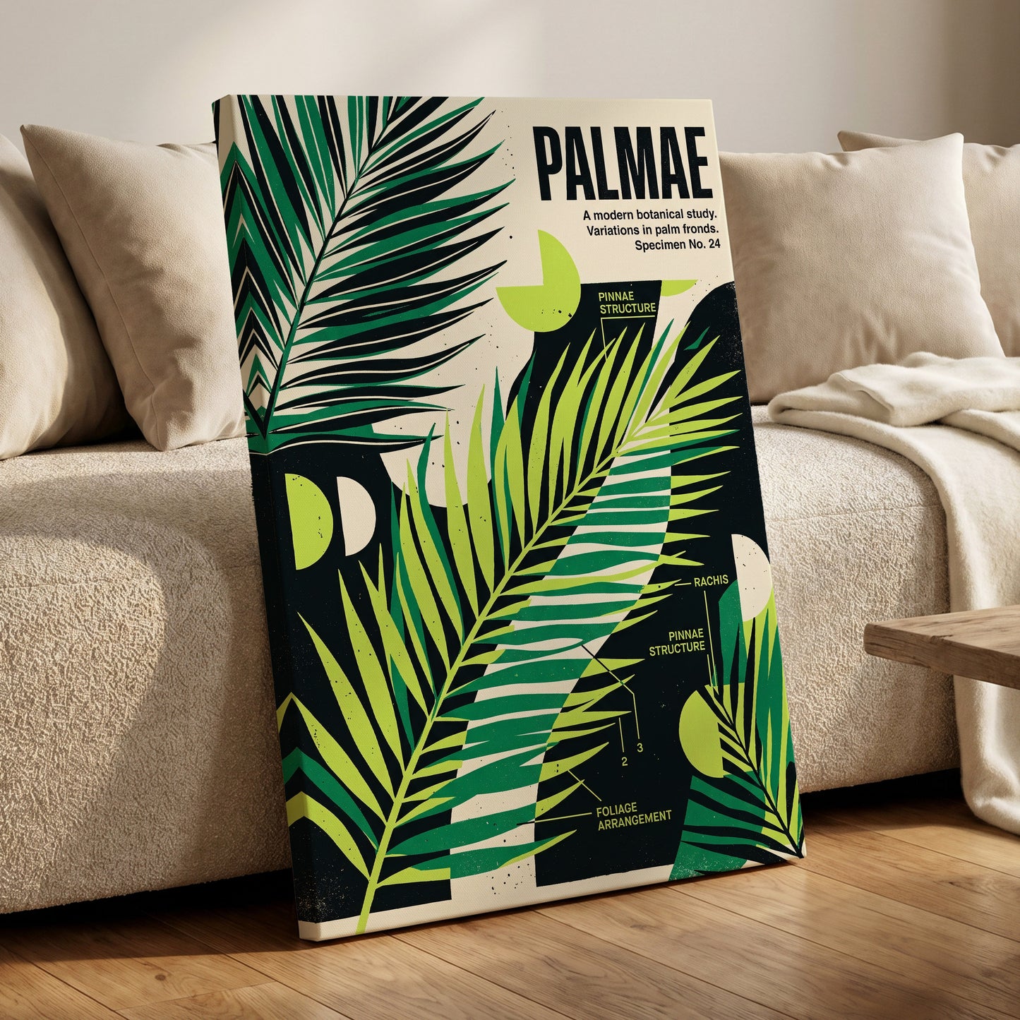 Graphic Palm Study, black, green, beige nature wall art on canvas displayed in a styled interior, gallery view 1