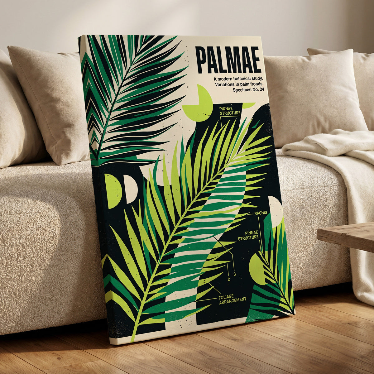 Graphic Palm Study, black, green, beige nature wall art on canvas displayed in a styled interior, gallery view 1