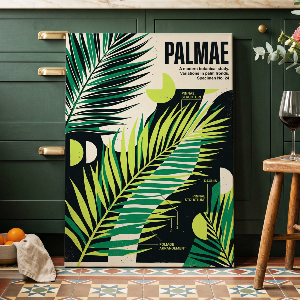 Graphic Palm Study, black, green, beige nature wall art on canvas displayed in a styled interior, gallery view 2