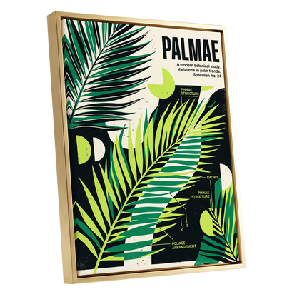 Graphic Palm Study, black, green, beige nature wall art shown as a gold framed canvas wall art