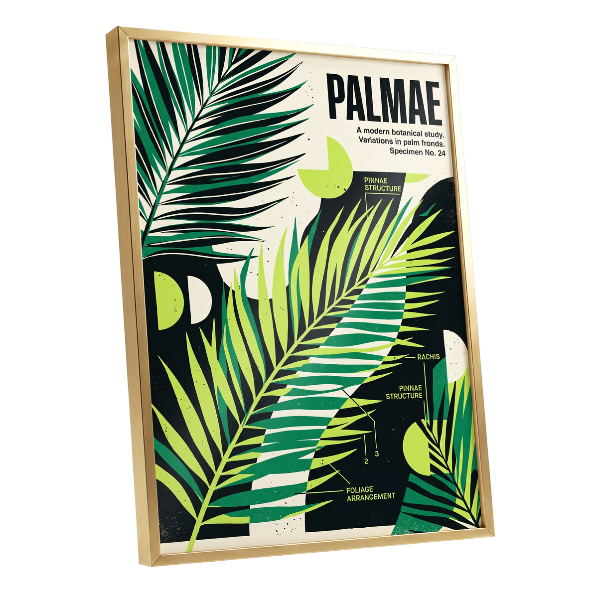 Graphic Palm Study, black, green, beige nature wall art shown as a gold framed poster wall art print