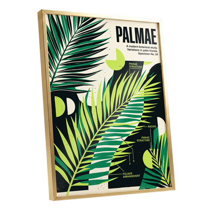Graphic Palm Study, black, green, beige nature wall art shown as a gold framed poster wall art print