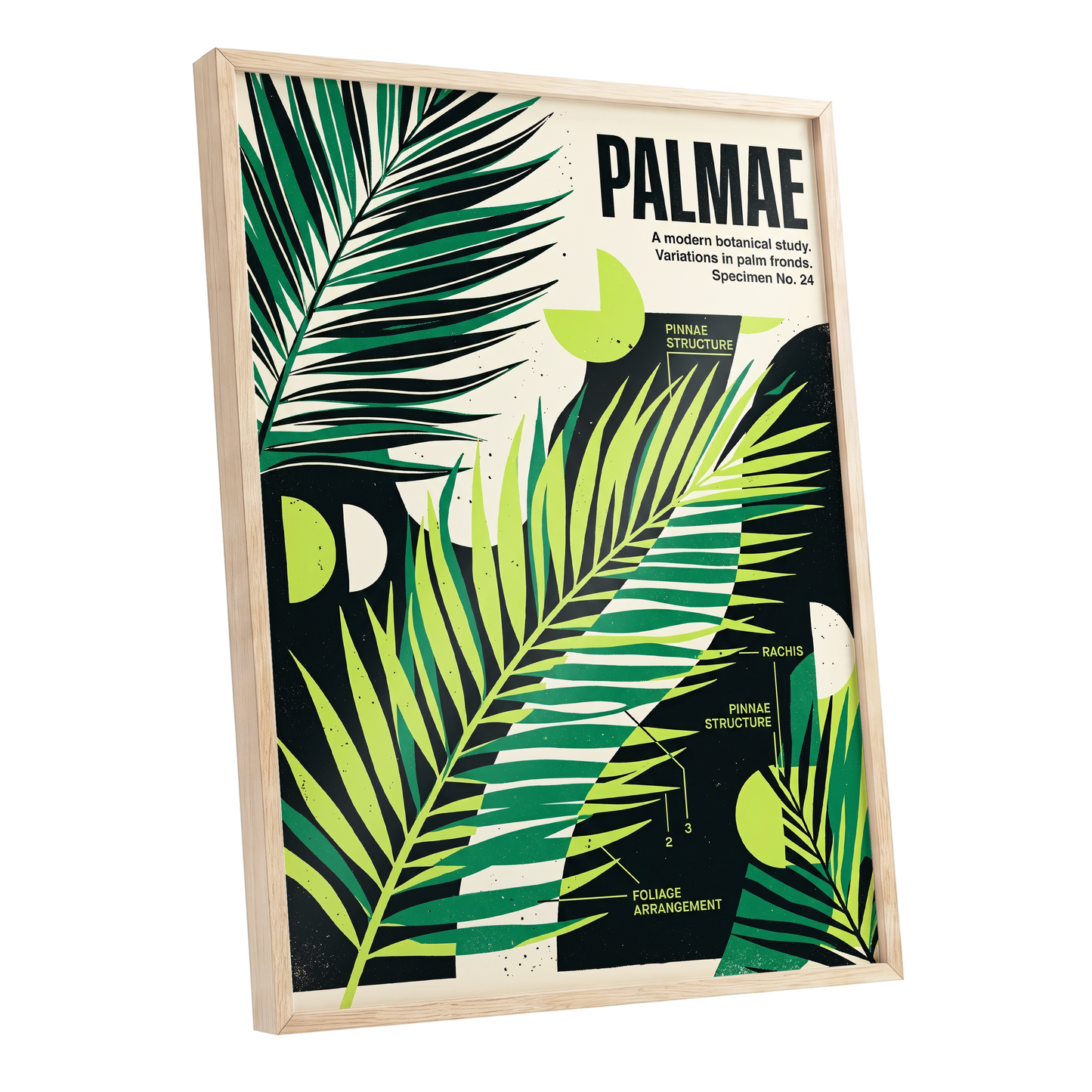 Graphic Palm Study, black, green, beige nature wall art shown as a oak framed poster wall art print