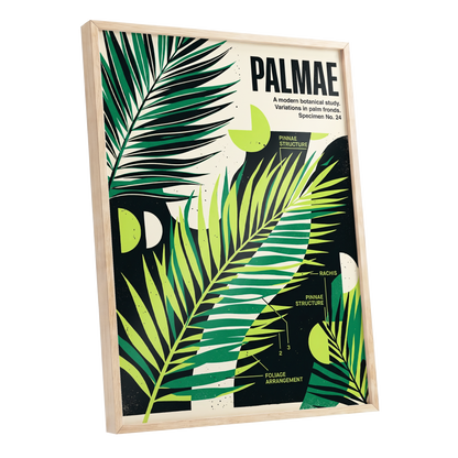 Graphic Palm Study, black, green, beige nature wall art shown as a oak framed poster wall art print
