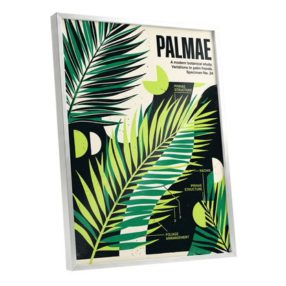 Graphic Palm Study, black, green, beige nature wall art shown as a silver framed poster wall art print