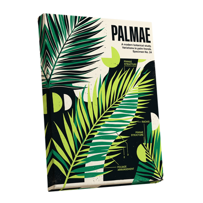 Graphic Palm Study, black, green, beige nature wall art shown as a stretched canvas wall art