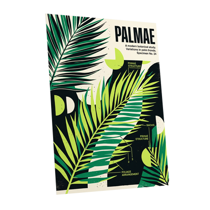 Graphic Palm Study, black, green, beige nature wall art shown as a unframed poster wall art print