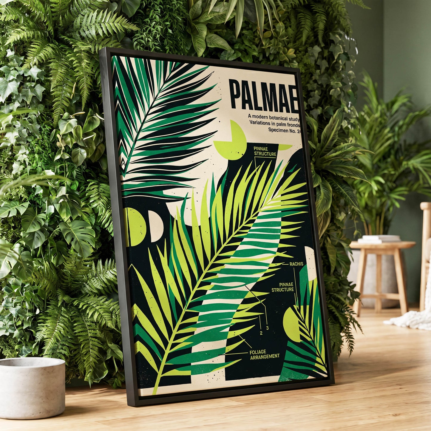 Graphic Palm Study, black, green, beige nature wall art displayed in a styled interior, gallery view 1