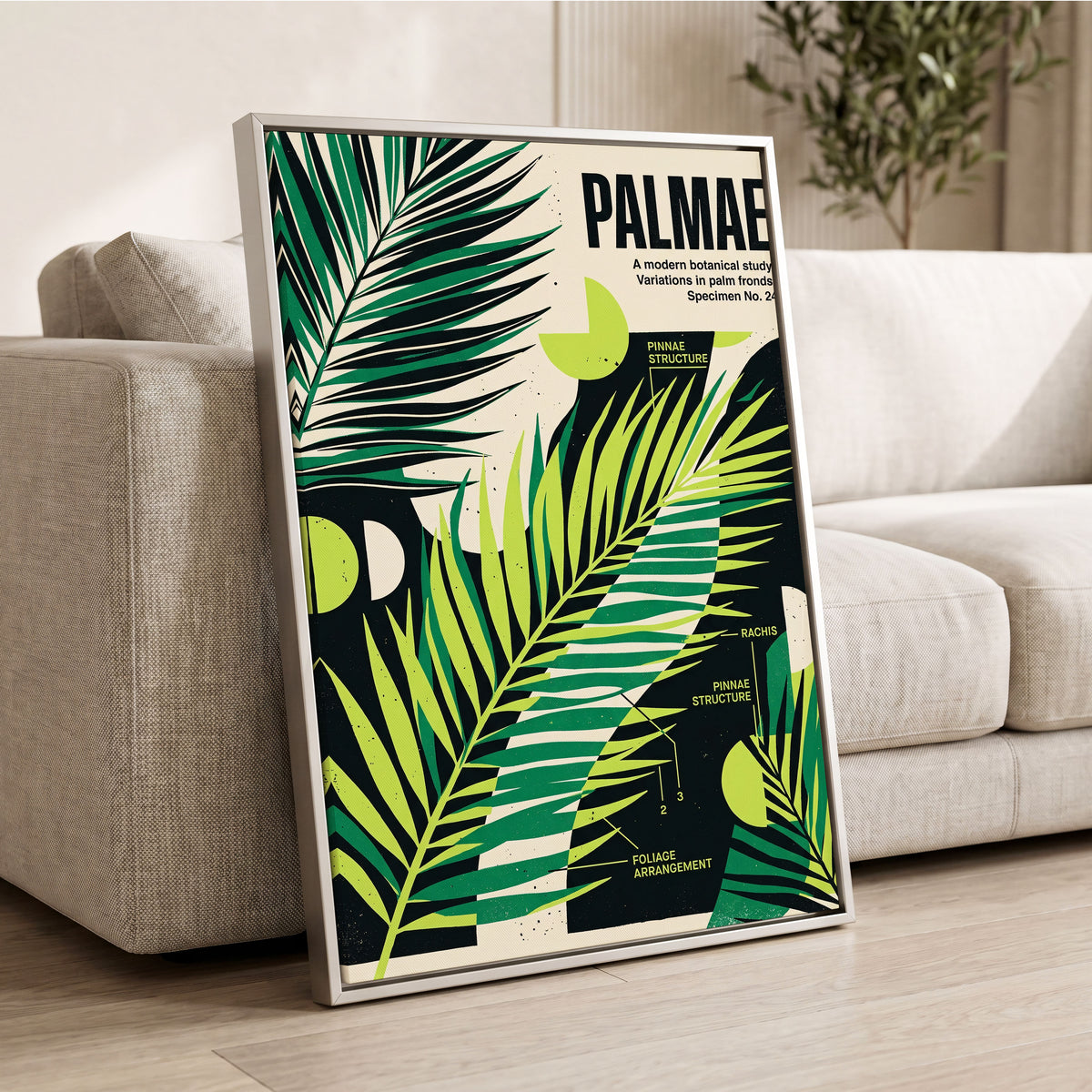 Graphic Palm Study, black, green, beige nature wall art displayed in a styled interior, gallery view 2