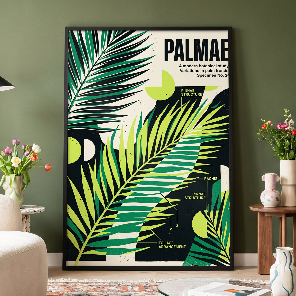 Graphic Palm Study, black, green, beige nature wall art displayed in a styled interior, gallery view 4