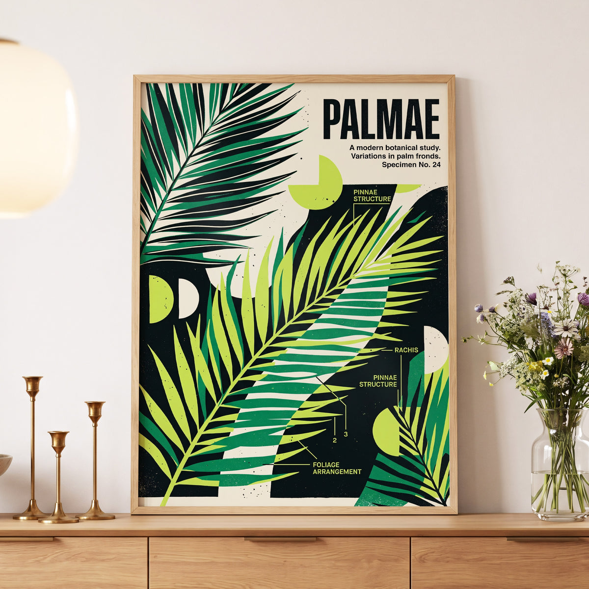 Graphic Palm Study, black, green, beige nature wall art displayed in a styled interior, gallery view 5