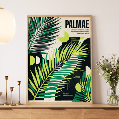 Graphic Palm Study, black, green, beige nature wall art displayed in a styled interior, gallery view 5