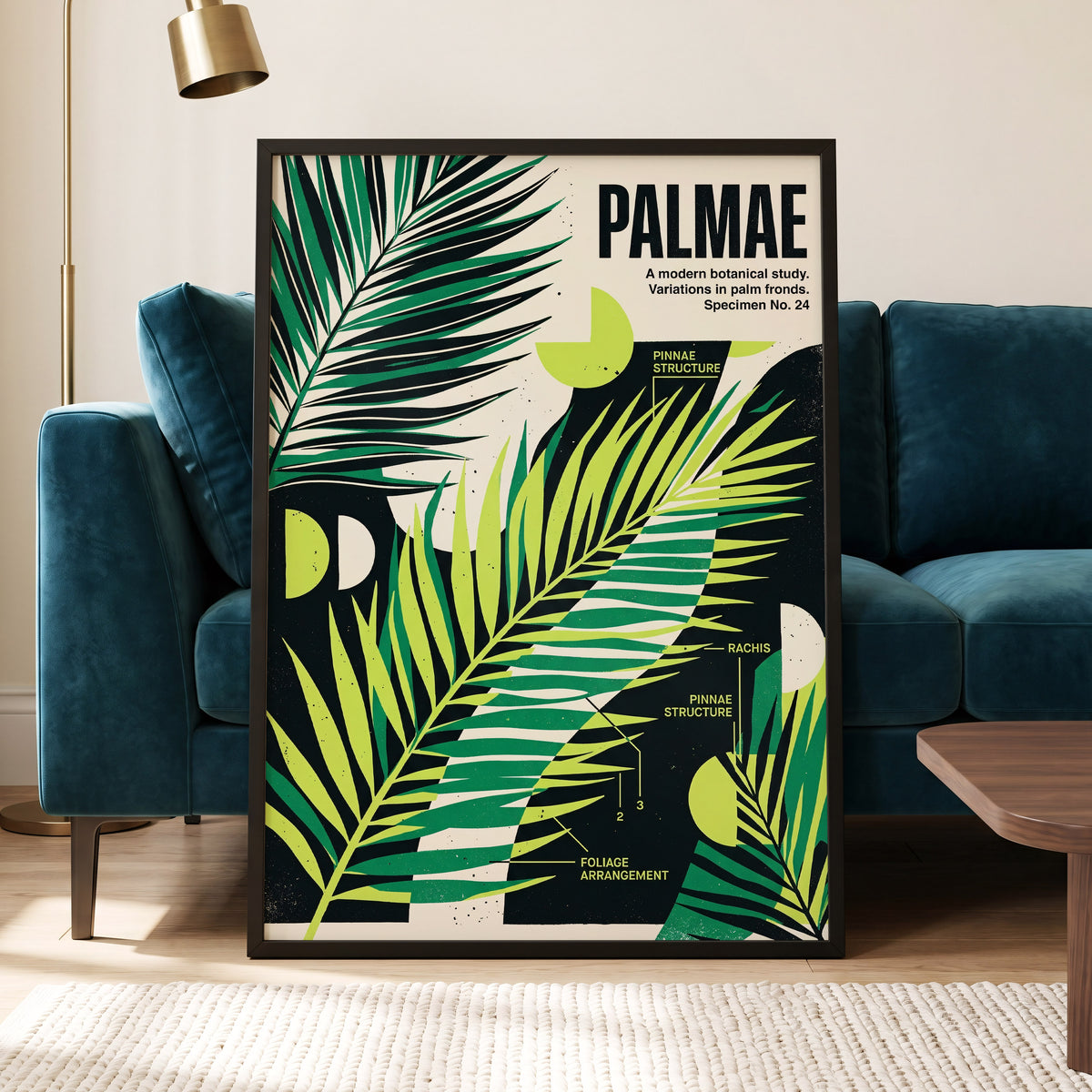 Graphic Palm Study, black, green, beige nature wall art displayed in a styled interior, gallery view 6