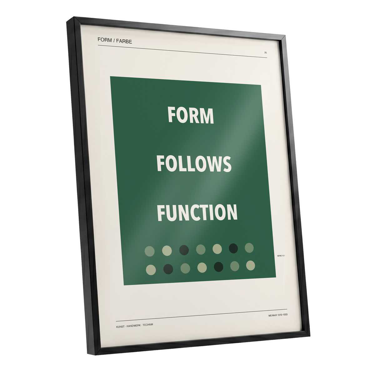 Green Type Sequence, green, beige, black minimalist wall art shown as a black framed poster wall art print