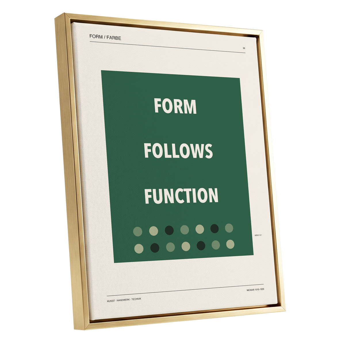 Green Type Sequence, green, beige, black minimalist wall art shown as a gold framed canvas wall art