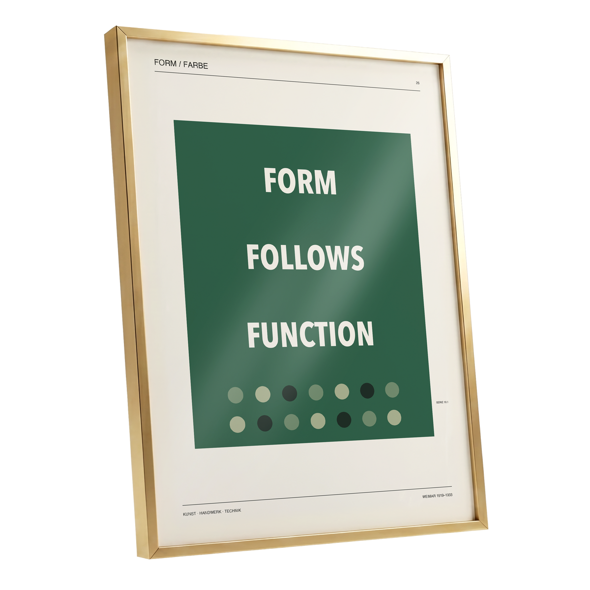 Green Type Sequence, green, beige, black minimalist wall art shown as a gold framed poster wall art print