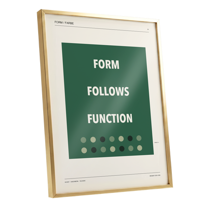 Green Type Sequence, green, beige, black minimalist wall art shown as a gold framed poster wall art print