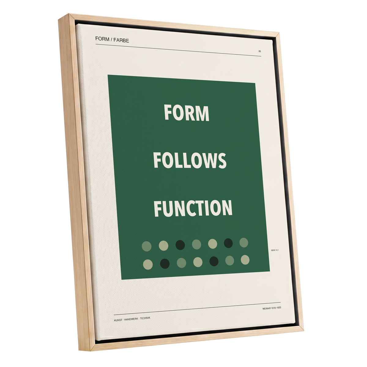 Green Type Sequence, green, beige, black minimalist wall art shown as a oak framed canvas wall art
