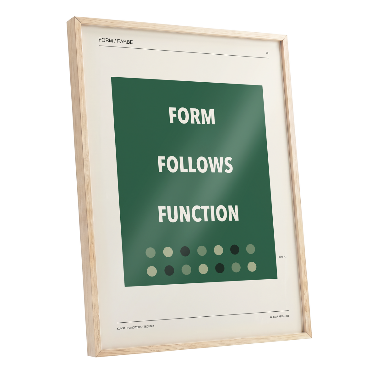 Green Type Sequence, green, beige, black minimalist wall art shown as a oak framed poster wall art print
