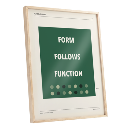 Green Type Sequence, green, beige, black minimalist wall art shown as a oak framed poster wall art print