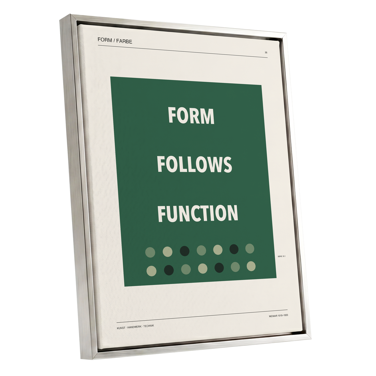 Green Type Sequence, green, beige, black minimalist wall art shown as a silver framed canvas wall art