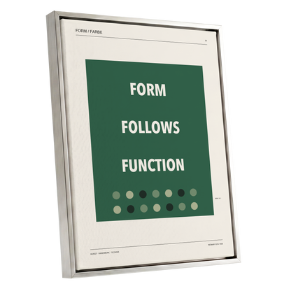 Green Type Sequence, green, beige, black minimalist wall art shown as a silver framed canvas wall art