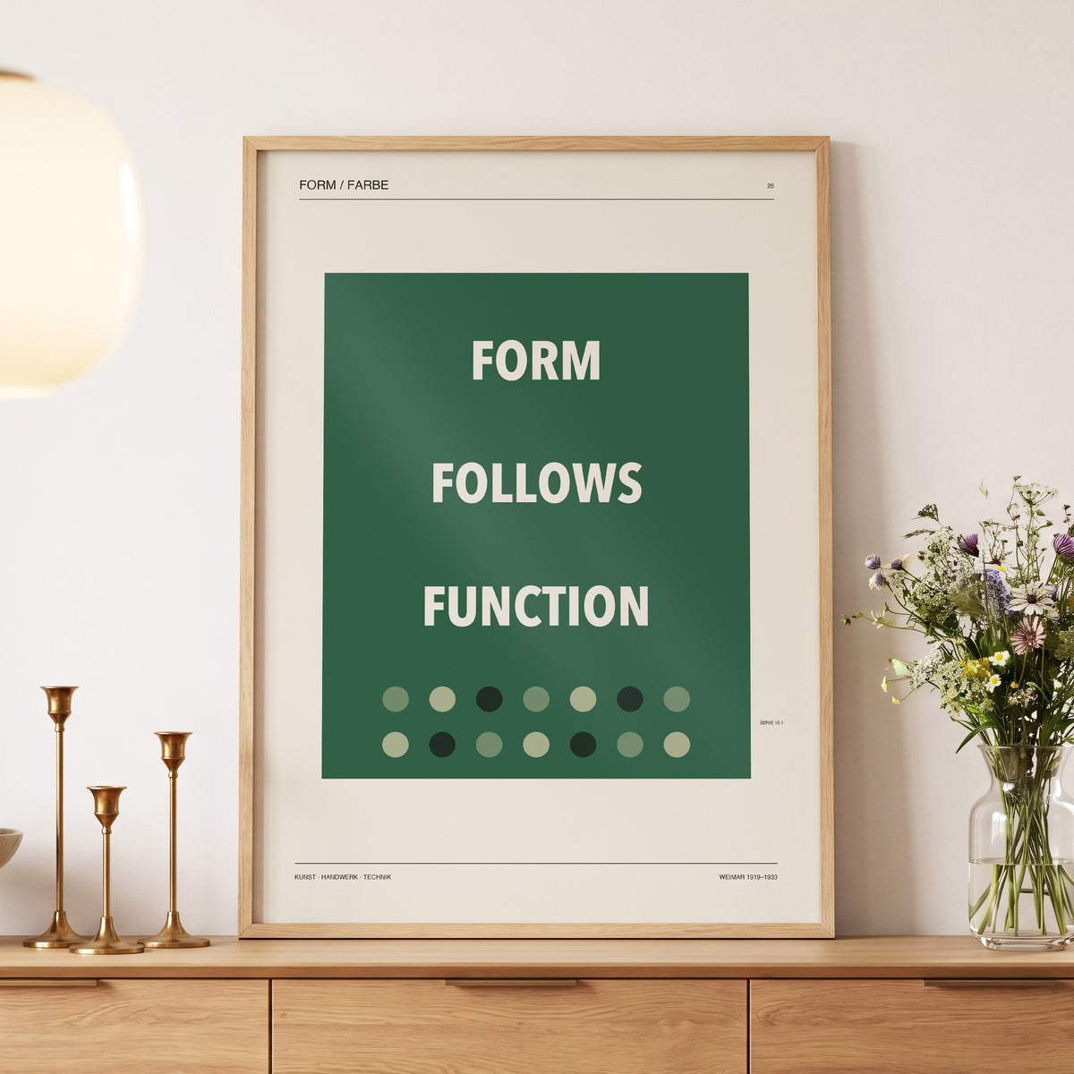 Green Type Sequence, green, beige, black minimalist wall art displayed in a styled interior, gallery view 4