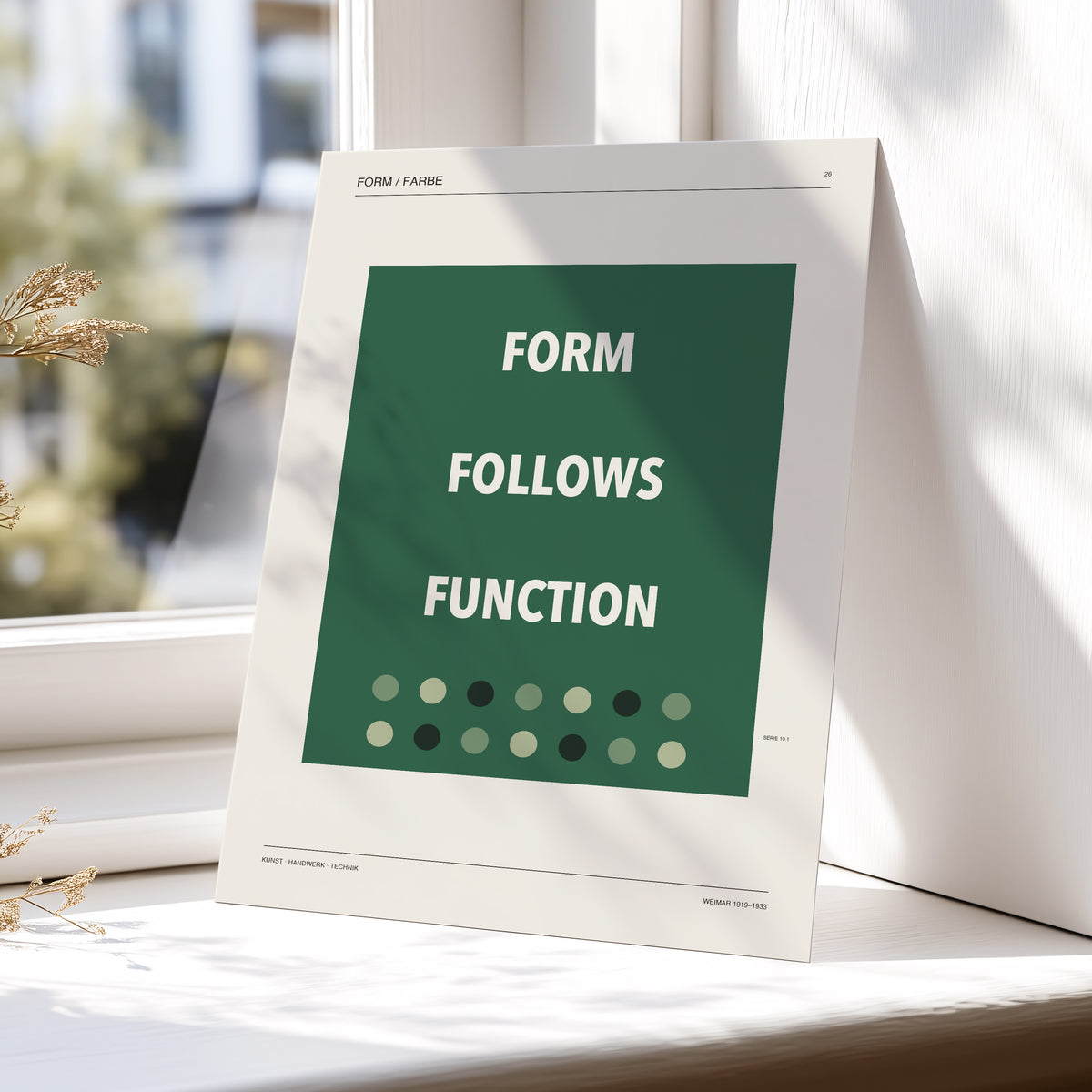 Green Type Sequence, green, beige, black minimalist wall art displayed in a styled interior, gallery view 5