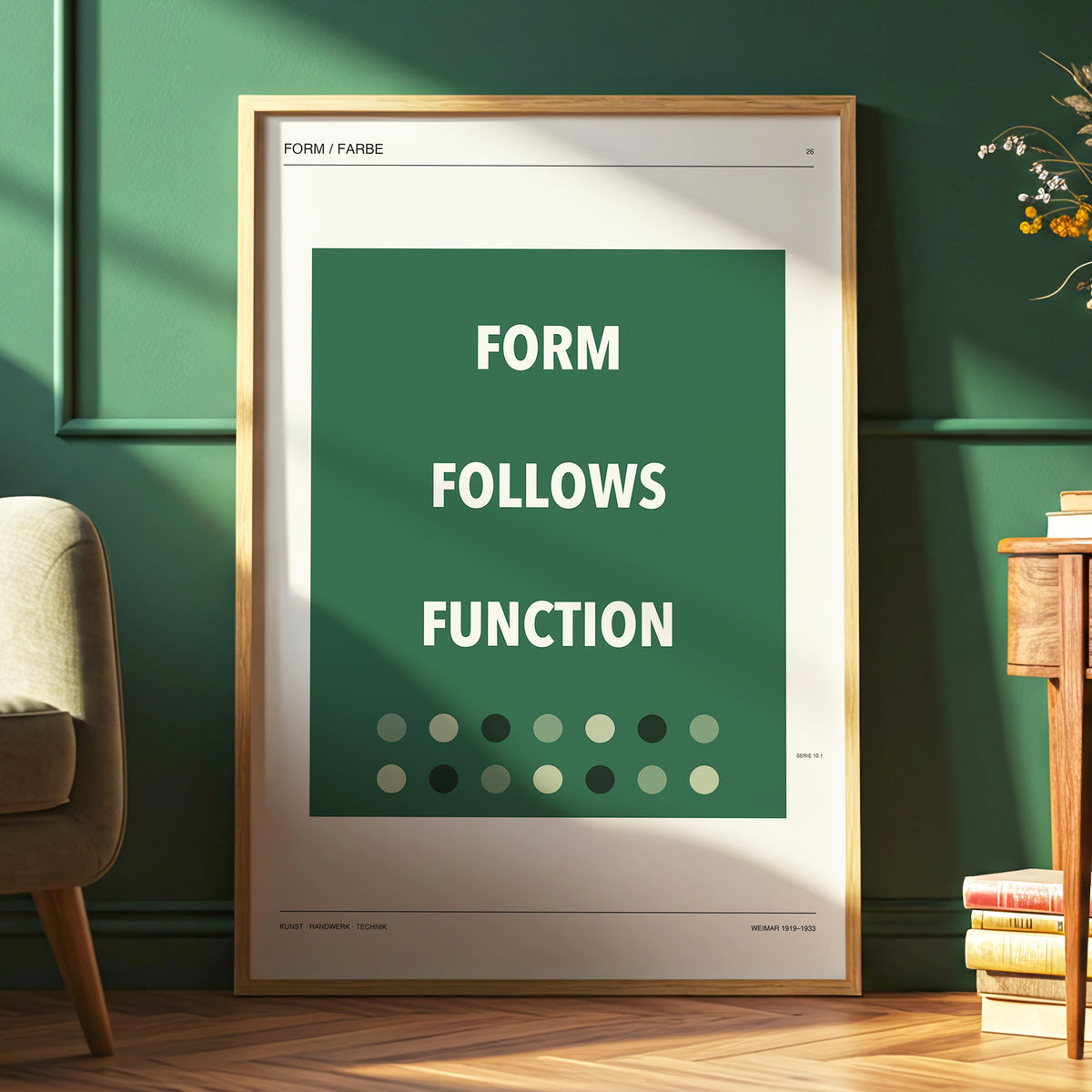 Green Type Sequence, green, beige, black minimalist wall art displayed in a styled interior, gallery view 6