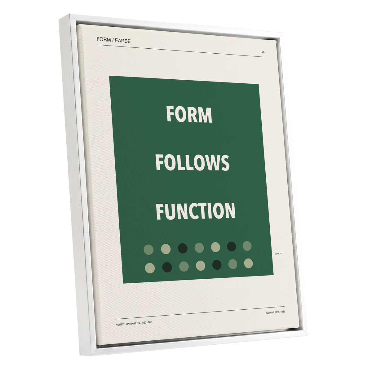 Green Type Sequence, green, beige, black minimalist wall art shown as a white framed canvas wall art