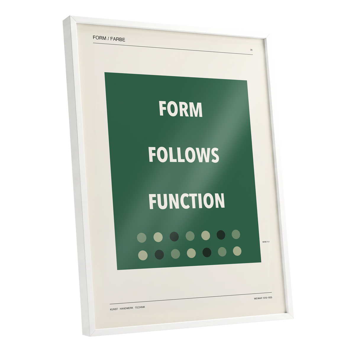 Green Type Sequence, green, beige, black minimalist wall art shown as a white framed poster wall art print