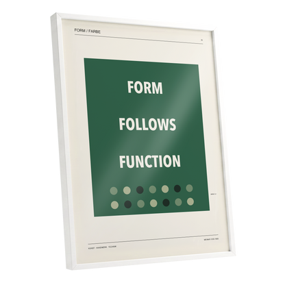Green Type Sequence, green, beige, black minimalist wall art shown as a white framed poster wall art print