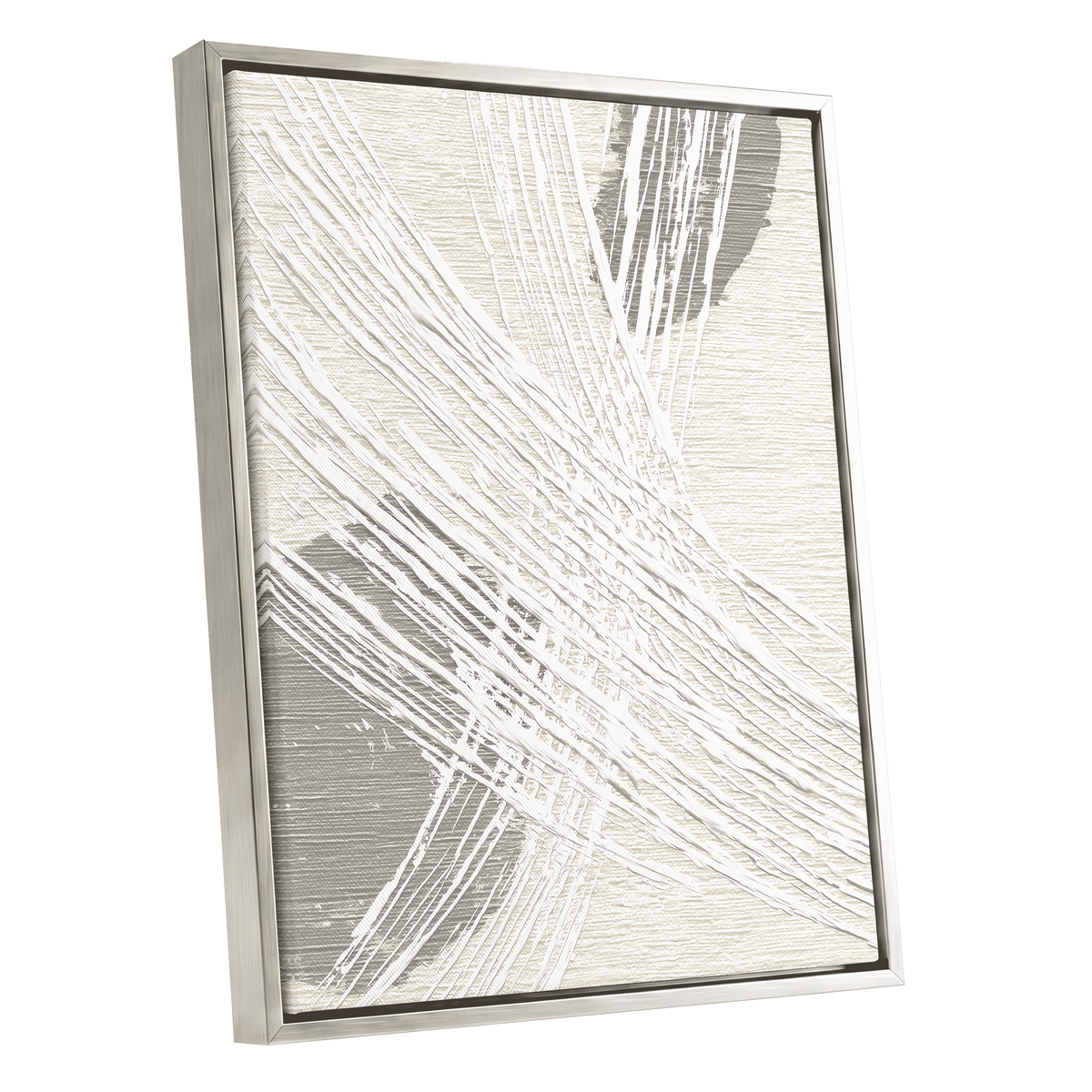 Grey Crosshatch Abstract: a framed abstract canvas print featuring textured white and gray brushstrokes on a warm off-white background, enclosed in a slim silver frame.