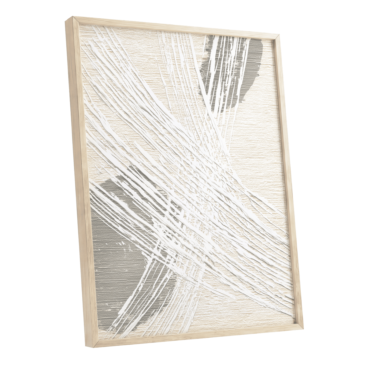 Grey Crosshatch Abstract: framed abstract wall art featuring textured white and gray brushstrokes on a warm beige background, enclosed in a light natural wood frame.